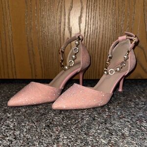 Chic Pink Glitter Heels with Pearl Ankle Strap